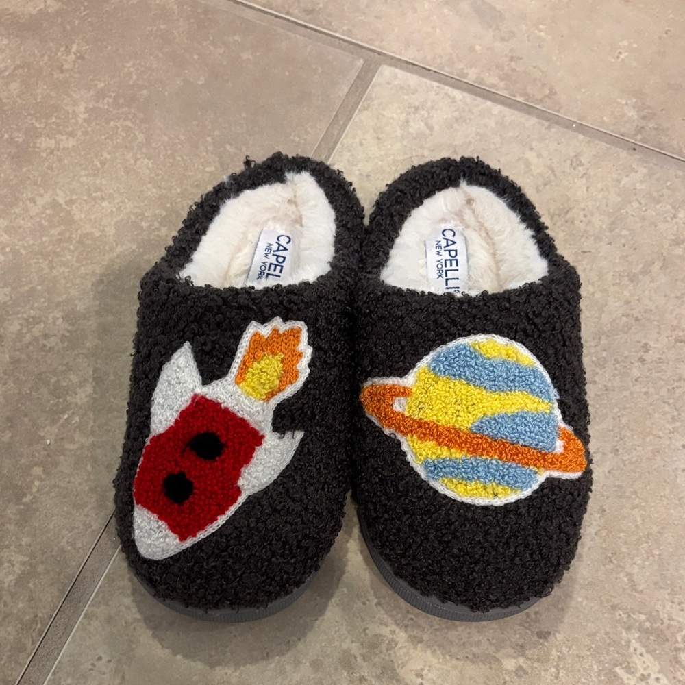 Capelli of New York Kids Black Slippers with Rocket and Planet Patches
